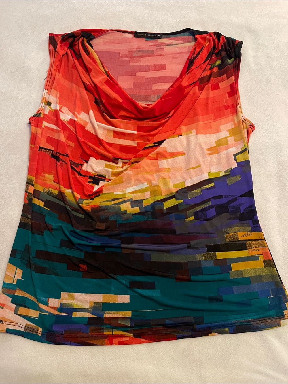 Anne Klein Red Teal Purple Abstract Cowl Neck Sleeveless Top